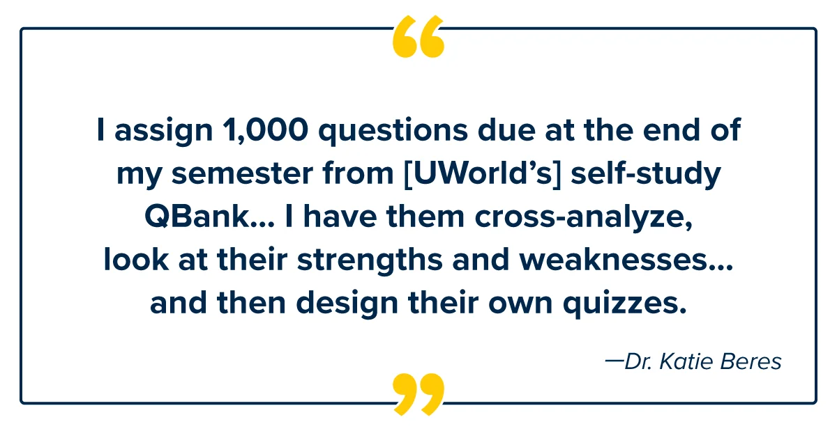 UWorld testimonial quote from the University of Michigan-Flint’s Dr. Katie Beres